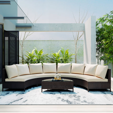 PX16- 5 Pieces All-Weather Brown PE Rattan Wicker Sofa Set Outdoor Patio Sectional Furniture Set Half-Moon Sofa Set with Tempered Glass Table - Likeshoppe 