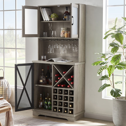 PB9- Farmhouse Wine Cabinet ;  Large Capacity Kitchen Sideboard Storage Cabinet With Wine Rack And Glass Holder;  Adjustable Shelf And 16 Square Compartments - Likeshoppe 