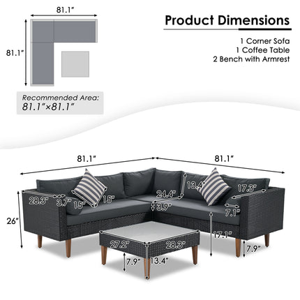 PX6- 4-pieces Outdoor Wicker Sofa Set;  Patio Furniture with Colorful Pillows;  L-shape sofa set;  Gray cushions and Black Rattan - Likeshoppe 