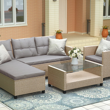 PX11- Outdoor;  Patio Furniture Sets;  4 Piece Conversation Set Wicker Ratten Sectional Sofa with Seat Cushions - Likeshoppe 