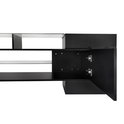 TV15- ON-TREND Unique Shape TV Stand with 2 Illuminated Glass Shelves, High Gloss Entertainment Center for TVs Up to 80", Versatile TV Cabinet with LED Color Changing Lights for Living Room, Black - Likeshoppe 