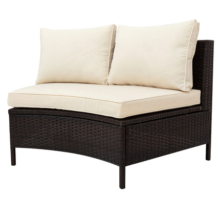 PX16- 5 Pieces All-Weather Brown PE Rattan Wicker Sofa Set Outdoor Patio Sectional Furniture Set Half-Moon Sofa Set with Tempered Glass Table - Likeshoppe 