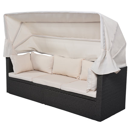 PX2- Outdoor Patio Rectangle Daybed with Retractable Canopy, Wicker Furniture Sectional Seating with Washable Cushions, Backyard, Porch - Likeshoppe 