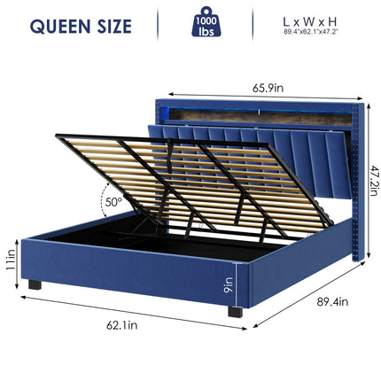BR5- Luxury Gas Lift Storage Bed with RF LED Lights, Storage Headboard ,QUEEN Size ,Velvet Blue - Likeshoppe 