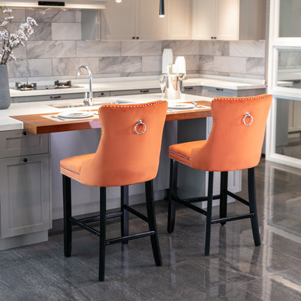 BS1- (Set of 2) Contemporary Velvet Upholstered Barstools with Button Tufted Decoration and Wooden Legs;  and Chrome Nailhead Trim;  Leisure Style Bar Chairs; Bar stools;  Set of 2 - Likeshoppe 