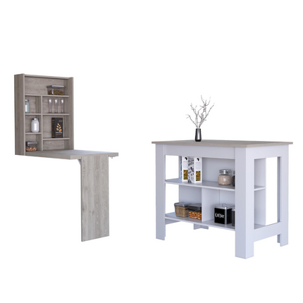 PA1- Pasadena 2 Piece Kitchen Set, Kitchen Island + Functional Table , White/Light Gray - Likeshoppe 