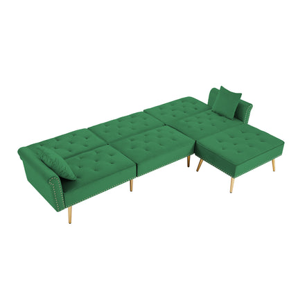 U6- Modern Velvet Upholstered Reversible Sectional Sofa Bed , L-Shaped Couch with Movable Ottoman and Nailhead Trim For Living Room. (Green) - Likeshoppe 