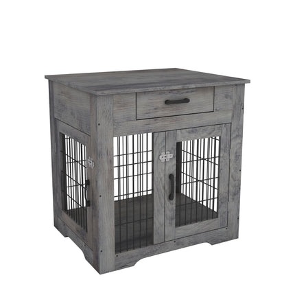 PE9- Furniture Style Dog Crate End Table with Drawer, Pet Kennels with Double Doors, Dog House Indoor Use, Weathered Grey - Likeshoppe 