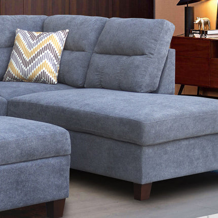 S2- Diego Gray Fabric Sectional Sofa with Right Facing Chaise, Storage Ottoman, and 2 Accent Pillows - Likeshoppe 