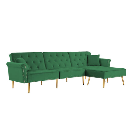 U6- Modern Velvet Upholstered Reversible Sectional Sofa Bed , L-Shaped Couch with Movable Ottoman and Nailhead Trim For Living Room. (Green) - Likeshoppe 