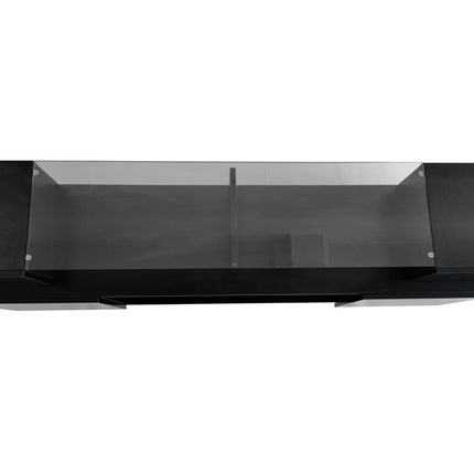 TV15- ON-TREND Unique Shape TV Stand with 2 Illuminated Glass Shelves, High Gloss Entertainment Center for TVs Up to 80", Versatile TV Cabinet with LED Color Changing Lights for Living Room, Black - Likeshoppe 