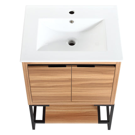PT6- 24 inches Wood Freestanding Bathroom Vanity Combo with Integrated Ceramic Sink and 2 Soft Close Doors - Likeshoppe 