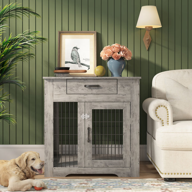 PE9- Furniture Style Dog Crate End Table with Drawer, Pet Kennels with Double Doors, Dog House Indoor Use, Weathered Grey - Likeshoppe 