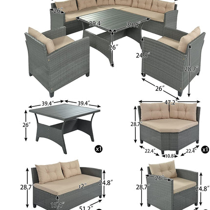 PX14- 6-Piece Outdoor Wicker Sofa Set, Patio Rattan Dinning Set, Sectional Sofa with Thick Cushions and Pillows, Plywood Table Top, For Garden, Yard, Deck - Likeshoppe 