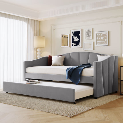 U3-Upholstered Daybed Sofa Bed Twin Size With Trundle Bed and Wood Slat - Likeshoppe 