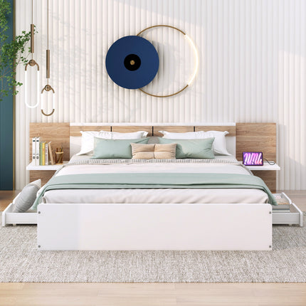 PF5- Queen Size Platform Bed with Headboard, Drawers, Shelves, USB Ports and Sockets - Likeshoppe 
