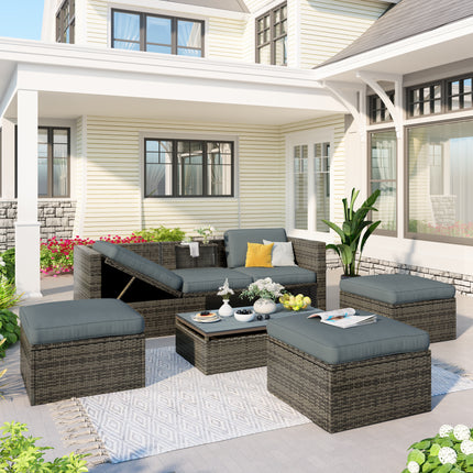 PX9- Patio Furniture Sets;  5-Piece Patio Wicker Sofa with Adustable Backrest;  Cushions;  Ottomans and Lift Top Coffee Table - Likeshoppe 