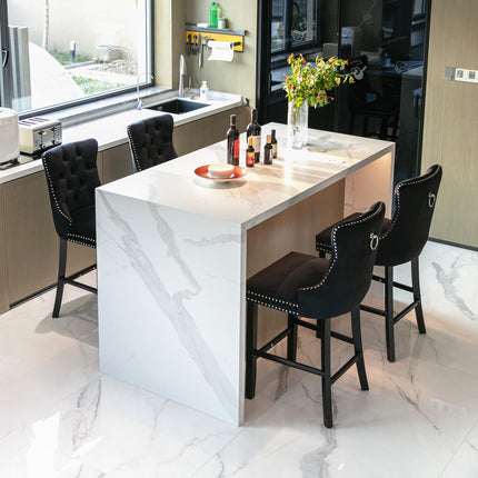 BS2- Furniture; Contemporary Velvet Upholstered Barstools with Button Tufted Decoration and Wooden Legs;  and Chrome Nailhead Trim;  Leisure Style Bar Chairs; Bar stools;  Set of 2 - Likeshoppe 