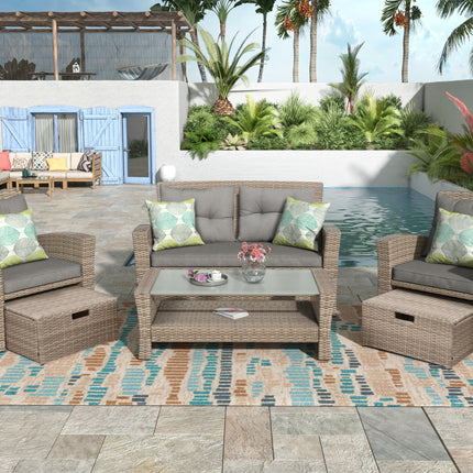 PX8- Patio Furniture Set;  4 Piece Outdoor Conversation Set All Weather Wicker Sectional Sofa with Ottoman and Cushions - Likeshoppe 