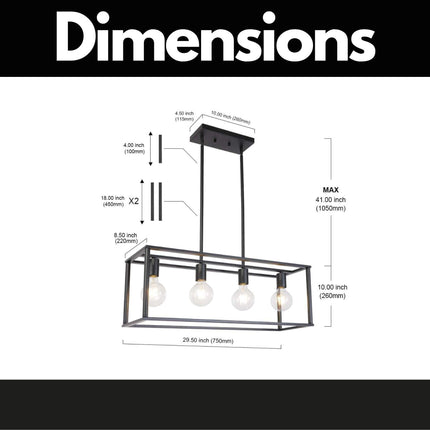 VF2- Pendant Lighting 4 Light Industrial Vintage Open Frame Rectangle Chandeliers Modern Black Linear Cage Ceiling Light Fixture - Likeshoppe 