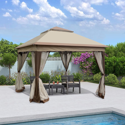 AG10- Outdoor 11x 11Ft Pop Up Gazebo Canopy With Removable Zipper Netting; 2-Tier Soft Top Event Tent; Suitable For Patio Backyard Garden Camping Area; Coffee - Likeshoppe 