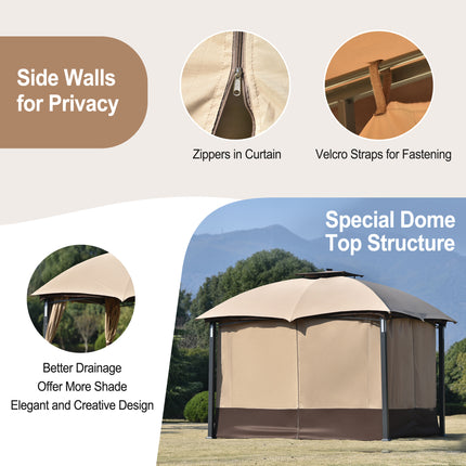AG3- 10ft W*12ft L Outdoor Double Vents Gazebo Patio Metal Canopy with Screen and LED Lights for Backyard, Poolside, Brown - Likeshoppe 