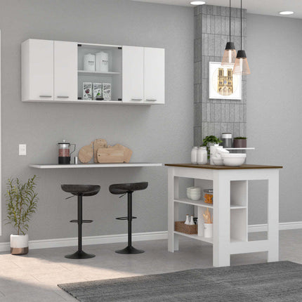 PA4- Norfolk 2 Piece Kitchen Set, Kitchen Island + Upper Wall Cabinet , White /Walnut - Likeshoppe 