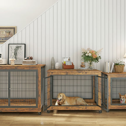 AB5- Furniture Style Dog Crate Side Table on Wheels with Double Doors and Lift Top - Likeshoppe 