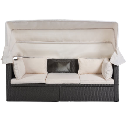 PX2- Outdoor Patio Rectangle Daybed with Retractable Canopy, Wicker Furniture Sectional Seating with Washable Cushions, Backyard, Porch - Likeshoppe 