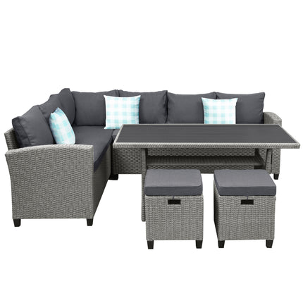PX18- Patio Furniture Set;  5 Piece Outdoor Conversation Set;  Dining Table Chair with Ottoman and Throw Pillows - Likeshoppe 