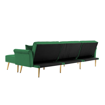 U6- Modern Velvet Upholstered Reversible Sectional Sofa Bed , L-Shaped Couch with Movable Ottoman and Nailhead Trim For Living Room. (Green) - Likeshoppe 