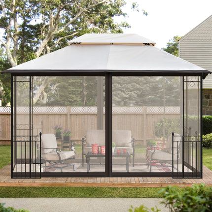 AG1- 13 Ft. W x 9.7 Ft. D Iron Patio Outdoor Gazebo;  Double Roof Soft Canopy Garden Backyard Gazebo with Mosquito Netting Suitable for Lawn;  Garden;  Backyard and Deck - Likeshoppe 