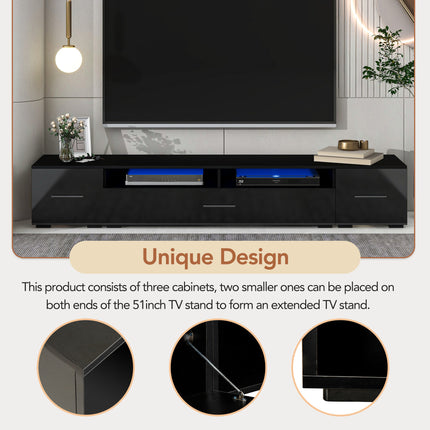 TV21- ON-TREND Extended, Minimalist Design TV stand with Color Changing LED Lights, Modern Universal Entertainment Center, High Gloss TV Cabinet for 90+ inch TV, Black - Likeshoppe 
