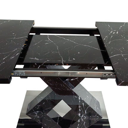 DT3- Modern Square Dining Table;  Stretchable;  Printed Black/white Marble Table Top+MDF X-Shape Table Leg with Metal Base - Likeshoppe 
