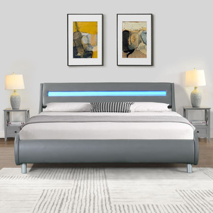 PF2- Faux Leather Upholstered Platform Bed Frame with led lighting , Curve Design, Wood Slat Support, No Box Spring Needed, Easy Assemble, Queen Size, - Likeshoppe 