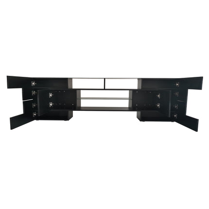 TV15- ON-TREND Unique Shape TV Stand with 2 Illuminated Glass Shelves, High Gloss Entertainment Center for TVs Up to 80", Versatile TV Cabinet with LED Color Changing Lights for Living Room, Black - Likeshoppe 