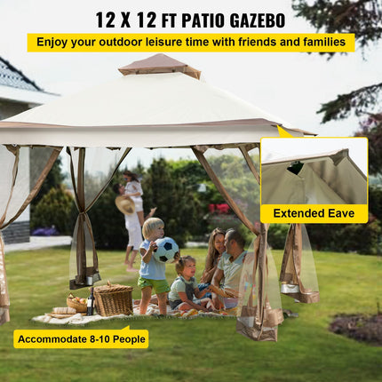 AG5- Outdoor Canopy Gazebo Tent, Portable Canopy Shelter with 12'x12' Large Shade Tents for Parties, Backyard, Patio Lawn and Garden, 4 Sandbags, Carrying Bag and Netting Included, Brown - Likeshoppe 