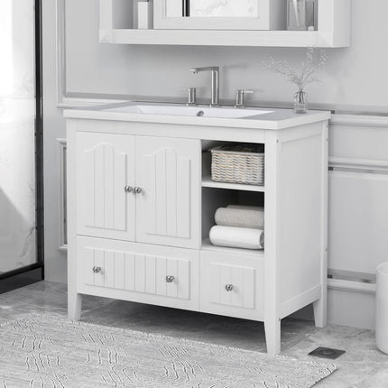 PT1- 36\\" Bathroom Vanity with Ceramic Basin;  Bathroom Storage Cabinet with Two Doors and Drawers;  Solid Frame;  Metal Handles - Likeshoppe 