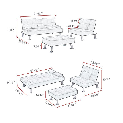 U2- Fabric Folding Sofa Bed with 2 Cup Holders, Removable Armrest and Metal Legs,Single Sofa Bed with Ottoman,3 pcs for 1 sets - Likeshoppe 