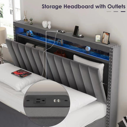 BR10- Luxury Gas Lift Storage Bed with RF LED Lights, Storage Headboard ,King Size ,Velvet Grey - Likeshoppe 