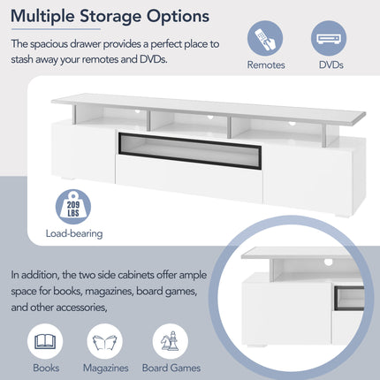 TV17- ON-TREND Modern TV Stand with Push to Open Doors, UV High-Gloss Entertainment Center with Acrylic Board for TVs Up to 80", Stylish TV Cabinet with LED Color Changing Lights for Living Room, White - Likeshoppe 