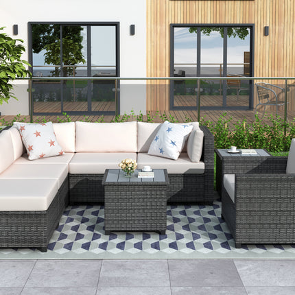 PX10- 8 Piece Rattan Sectional Seating Group with Cushions;  Patio Furniture Sets;  Outdoor Wicker Sectional - Likeshoppe 
