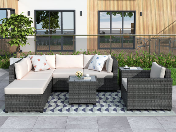 PX10- 8 Piece Rattan Sectional Seating Group with Cushions;  Patio Furniture Sets;  Outdoor Wicker Sectional - Likeshoppe 