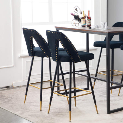 BS6- Collection Modern | Contemporary Velvet Upholstered  28\\" Bar Stool & Counter Stools with Nailheads and Gold Tipped Black Metal Legs,Set of 2 - Likeshoppe 