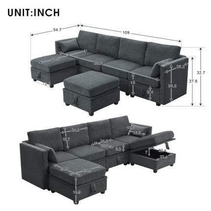 109*54.7\" Chenille Modular Sectional Sofa,U Shaped Couch with Adjustable Armrests and Backrests,6 Seat Reversible Sofa Bed with Storage Seats for Living Room, Apartment,2 Colors - Likeshoppe 