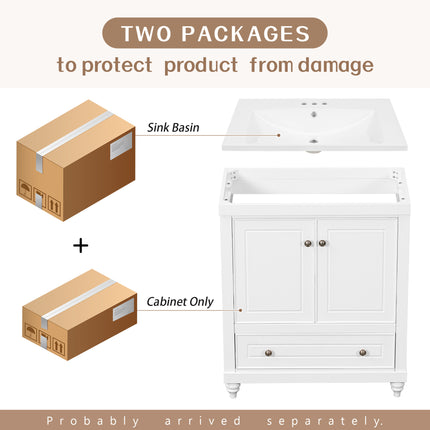 PT7- 30" Bathroom Vanity with Sink;  Combo;  Cabinet with Doors and Drawer;  Solid Frame and MDF Board;  White - Likeshoppe 