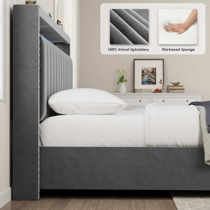 BR12- Luxury Gas Lift Storage Bed with RF LED Lights, Storage Headboard ,FULL Size ,Velvet GREY - Likeshoppe 
