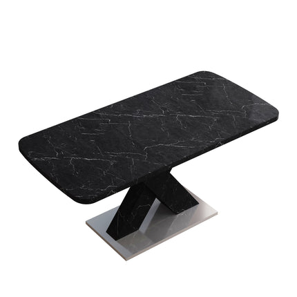 DT3- Modern Square Dining Table;  Stretchable;  Printed Black/white Marble Table Top+MDF X-Shape Table Leg with Metal Base - Likeshoppe 