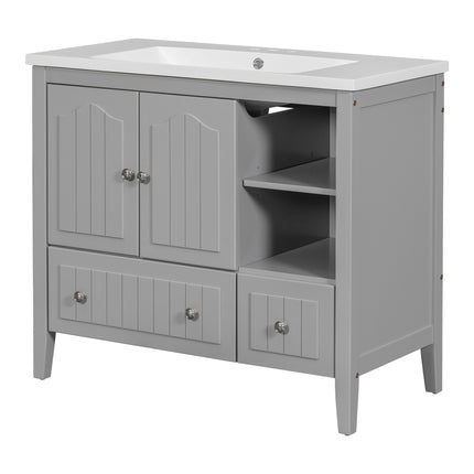 PT1- 36\\" Bathroom Vanity with Ceramic Basin;  Bathroom Storage Cabinet with Two Doors and Drawers;  Solid Frame;  Metal Handles - Likeshoppe 