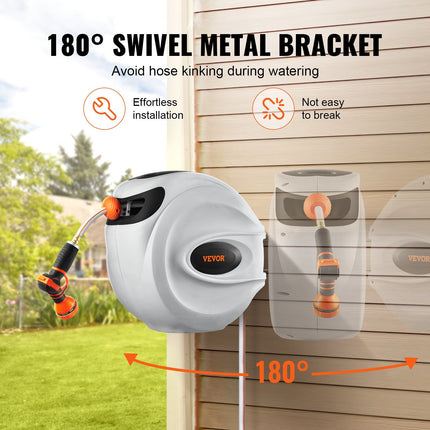 AH1-  Retractable Hose Reel Water Hose Reel 100'x1/2" 180° Swivel Wall-Mounted,Garden Water Hose Reel with 9-Pattern Nozzle,Automatic Rewind, Lock at Any Length, with Slow Return System - Likeshoppe 